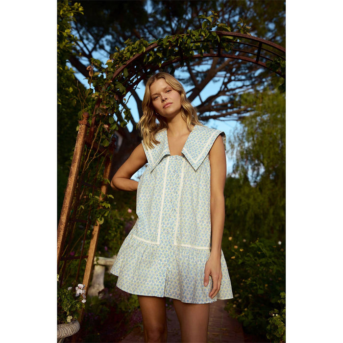 COLLARED FLORAL MINI DRESS / WL25-10360: BLUE/WHITE