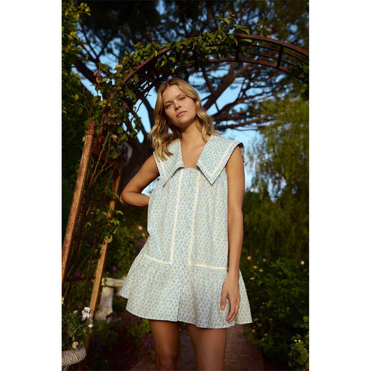COLLARED FLORAL MINI DRESS / WL25-10360: BLUE/WHITE