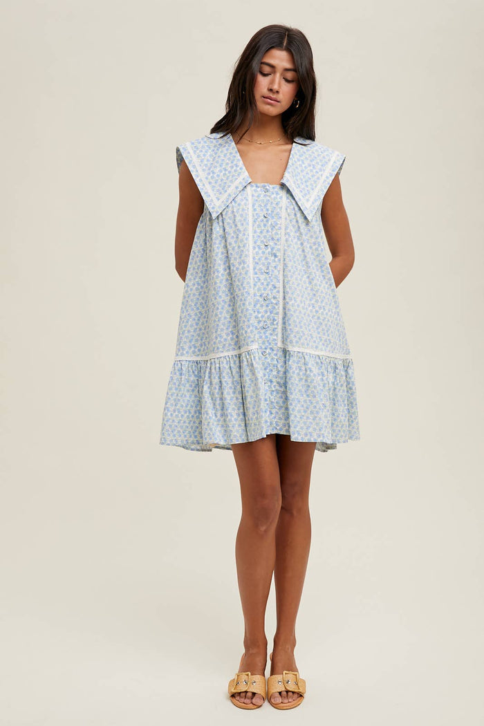 COLLARED FLORAL MINI DRESS / WL25-10360: BLUE/WHITE