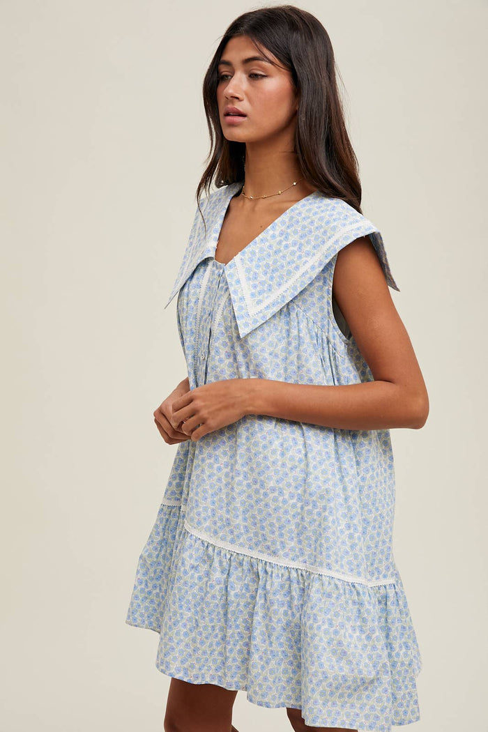 COLLARED FLORAL MINI DRESS / WL25-10360: BLUE/WHITE