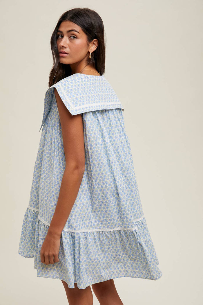 COLLARED FLORAL MINI DRESS / WL25-10360: BLUE/WHITE
