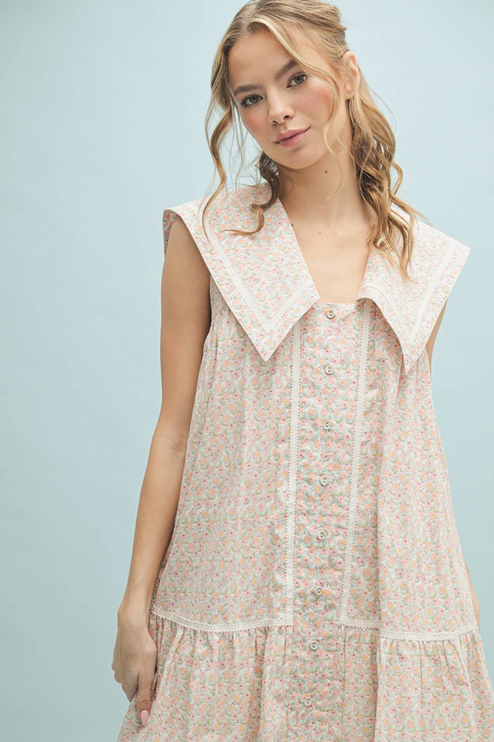 COLLARED FLORAL MINI DRESS / WL25-10360: BLUE/WHITE
