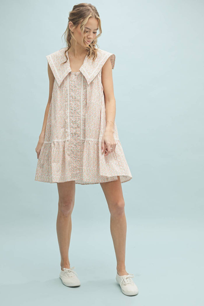 COLLARED FLORAL MINI DRESS / WL25-10360: BLUE/WHITE
