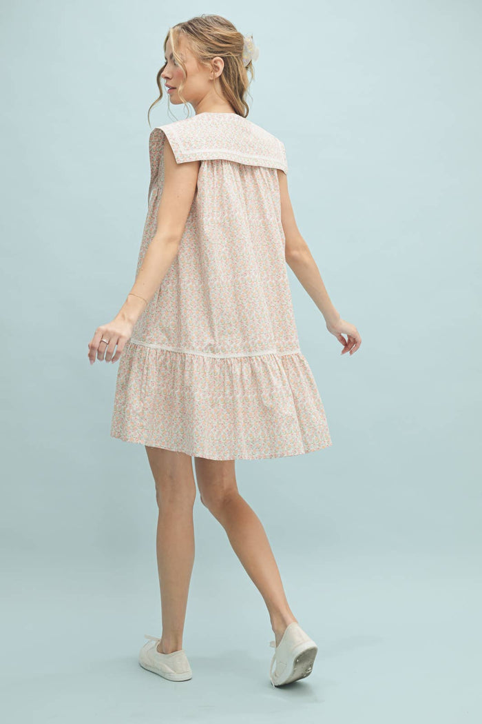 COLLARED FLORAL MINI DRESS / WL25-10360: BLUE/WHITE
