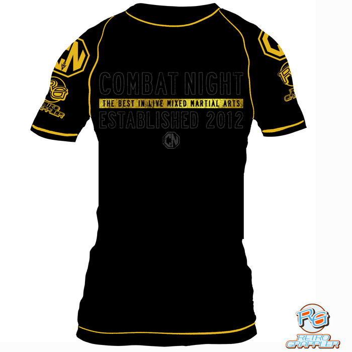 The Retro Grappler Combat Night Only a Fighter Knows Rash Guard is a black tee with yellow trim, sleeve and lower front logos, and Combat Night: The Best In Live Mixed Martial Arts, Established 2012 printed on the front.