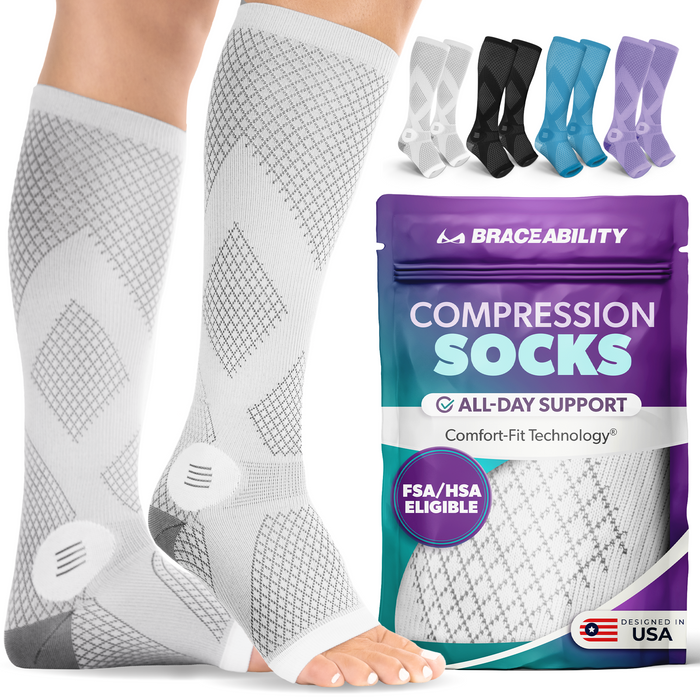 BraceAbility tall gray toeless neuropathy socks for men and women offer relief from diabetic and peripheral foot pain, ideal for sleeping.