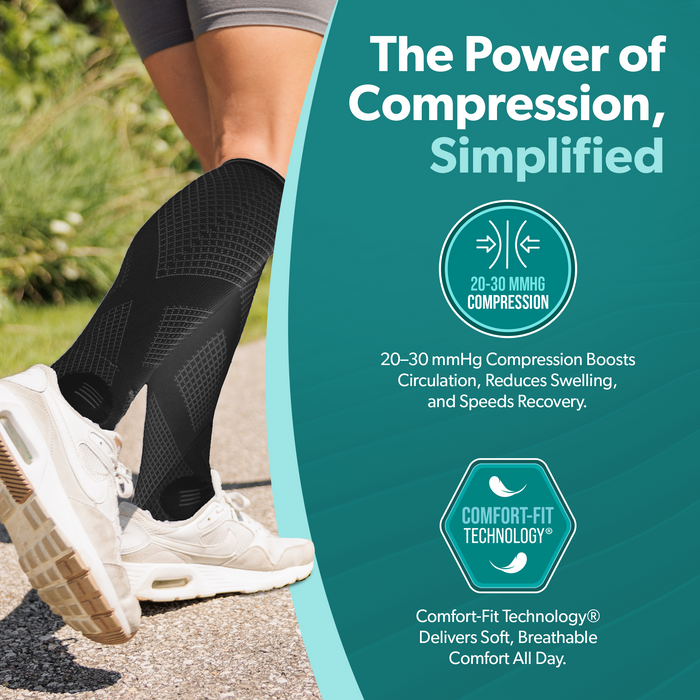 tall compression socks with with 20 to 30 mmhg compression through ankle and calf