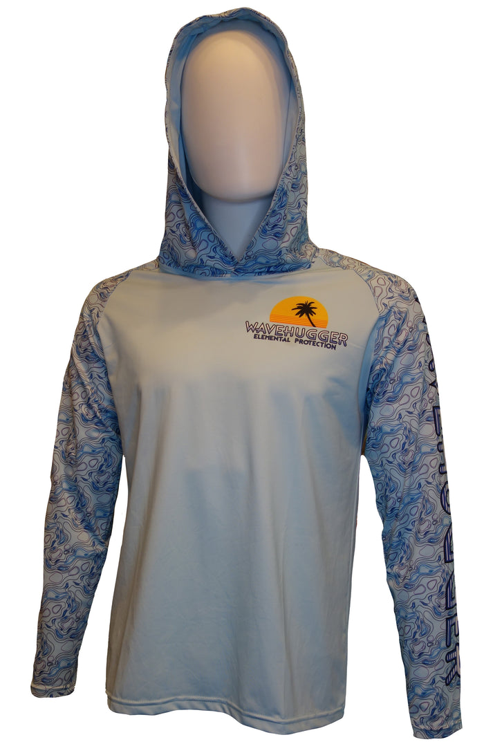 The Wave Hugger Contour Hooded Performance Shirt is light blue with patterned sleeves, UPF 50+ protection, a yellow sun and palm tree logo, and WAVEHUGGER COASTAL PROTECTION on the chest, shown on a faceless mannequin.
