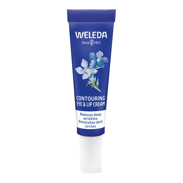 A tube of Weleda Contouring Eye & Lip Cream with blue gentian and edelweiss, a fragrance free, dermatologically tested, and highly effective formula that firms skin around the eyes, and diminishes dark circles, eye bags, and puffiness.