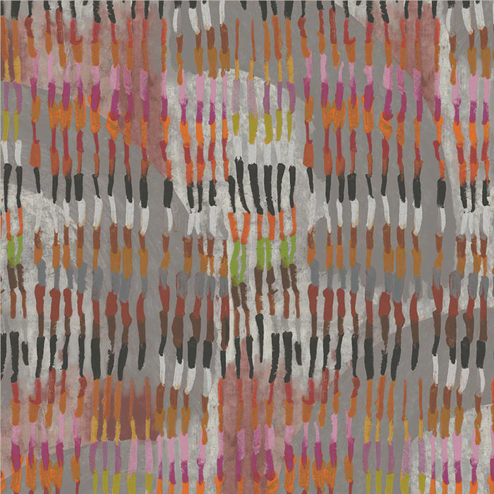 Abstract patterned fabric or wallpaper featuring vertical rows of small painted brushstrokes in pink, orange, yellow, green, brown, black, and white over a textured gray background.