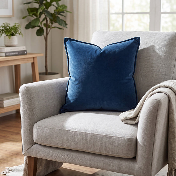 Cotton velvet pillow in navy blue, styled in a room setting