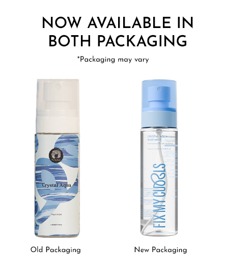 Two bottles of Crystal Aqua Hair Mist
from Fix My Curls with old and new packaging variations