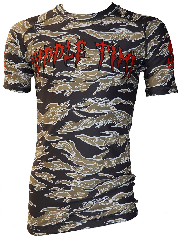 The Retro Grappler Cuddle Time Tiger Stripe Camo Rash Guard features black, brown, and gray tiger stripes with bold red CUDDLE TIME text—perfect as a short-sleeve BJJ or jiu jitsu rash guard.