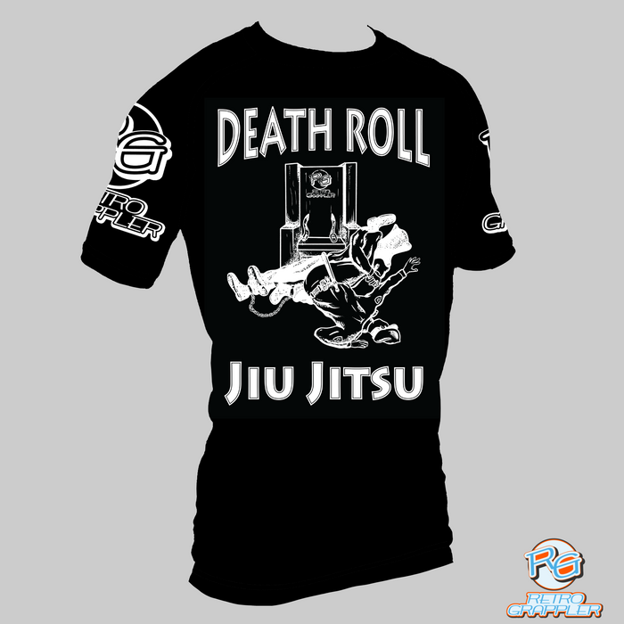 The Death Roll Jiu Jitsu Rash Guard  - Death Row Parody Rash Guard by Retro Grappler features white DEATH ROLL JIU JITSU text, an illustration of two grapplers, and Retro Grappler logos on the sleeves and hem—ideal for MMA fans.