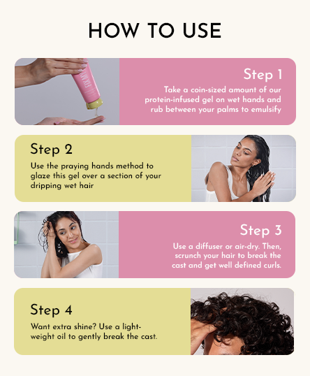 The image illustrates the four-step process of using the Fix My Curls Defining Hair Gel