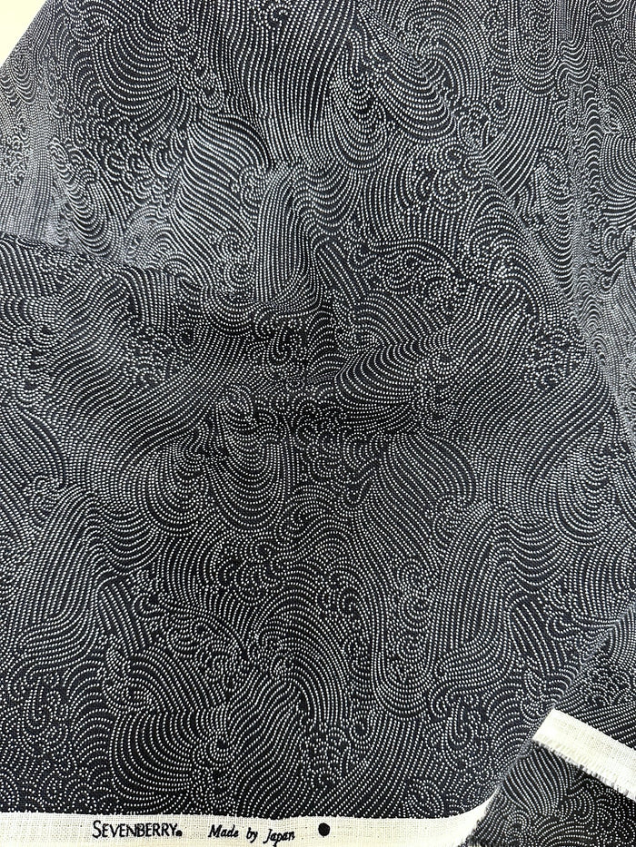navy and white patterned fabric with 'Sevenberry' branding