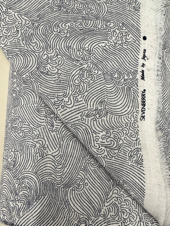 Close-up of a patterned fabric with 'Sevenberry' branding.