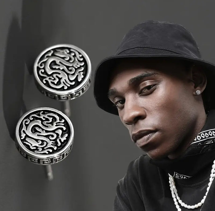 Dragon Totem Carved Pattern Round Stud Earrings