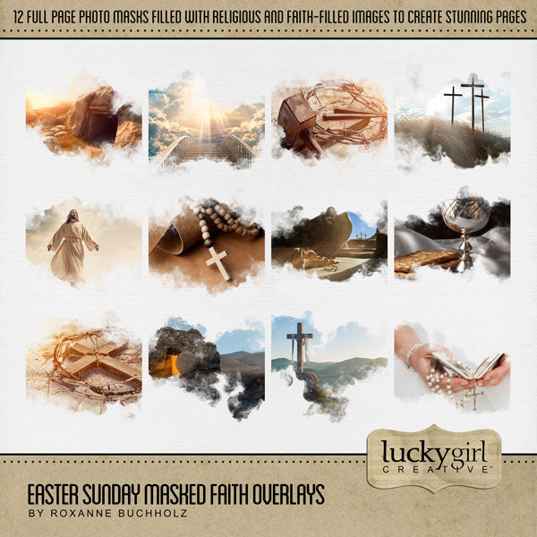 These beautiful and spiritual digital scrapbooking masked photo overlays with transparent edges by Lucky Girl Creative digital art blend seamlessly into any background paper and make the perfect backdrop for any page featuring church, faith, religion, and other historic biblical sites. Great for Easter Sunday with Jesus, cross, crown of thrones, nails, tomb, rosary beads, stairway to heaven, and communion images.