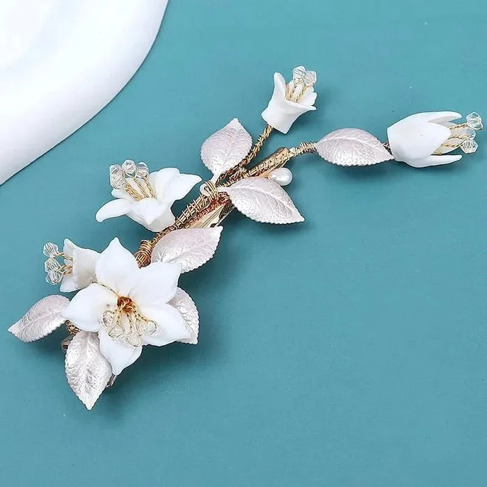 Wedding Hair Accessories - Ceramic Flowers Bridal Hair Clip - Available in Gold and Silver colores