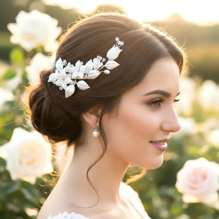 Wedding Hair Accessories - Ceramic Flowers Bridal Hair Clip - Available in Gold and Silver colores