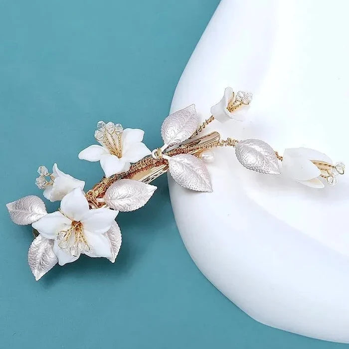 Wedding Hair Accessories - Ceramic Flowers Bridal Hair Clip - Available in Gold and Silver colores