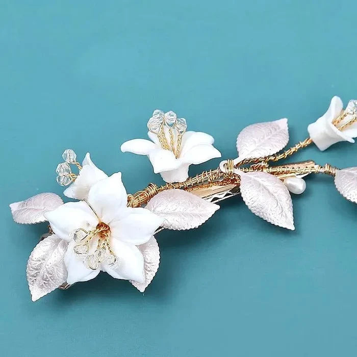 Wedding Hair Accessories - Ceramic Flowers Bridal Hair Clip - Available in Gold and Silver colores