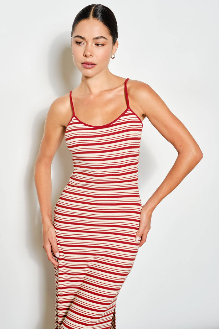 Edith Striped Maxi Dress - BURGUNDY