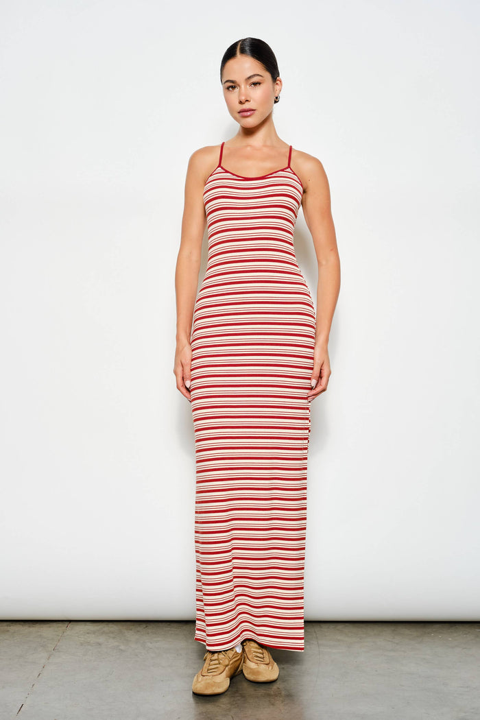 Edith Striped Maxi Dress - BURGUNDY
