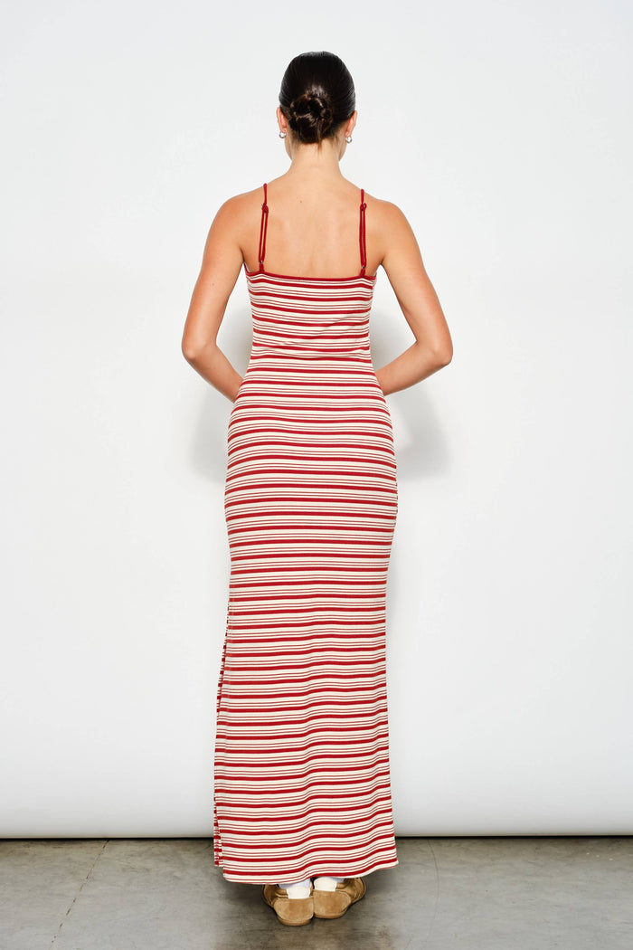 Edith Striped Maxi Dress - BURGUNDY