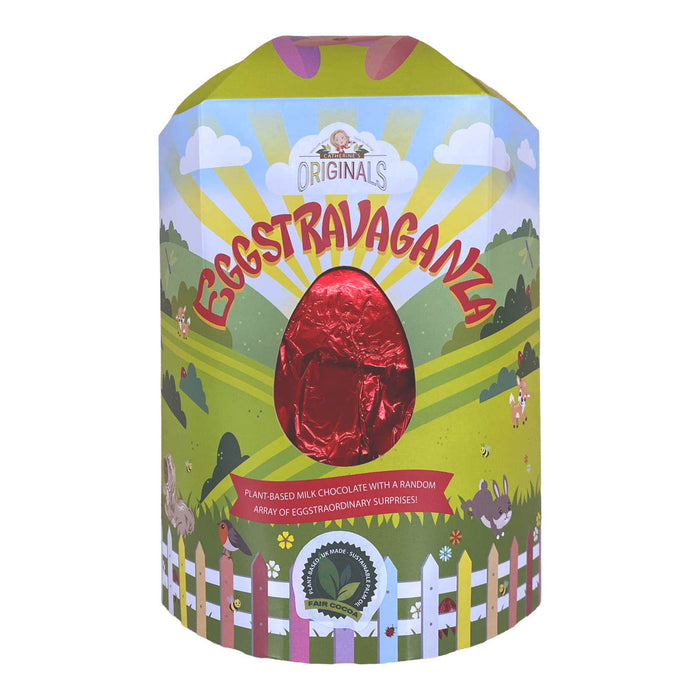 Catherine's Originals Eggstravganza Brown Choc Easter Egg in colourful packaging with a cut out window showing the egg wrapped in red foil.