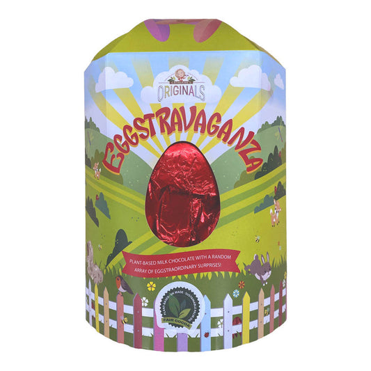 Catherine's Originals Eggstravganza Brown Choc Easter Egg in colourful packaging with a cut out window showing the egg wrapped in red foil.