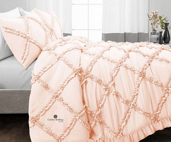 Peach Diamond Ruffled Duvet Cover