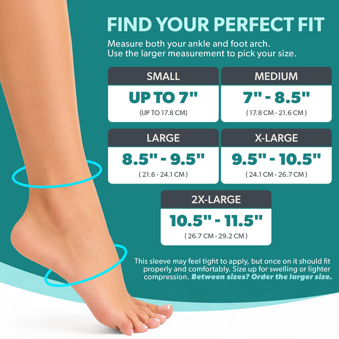 Sizing chart for the elastic foot and ankle sleeve. Available in sizes S-2XL.
