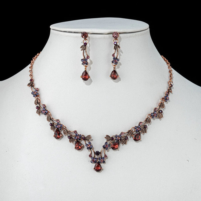 Wedding Jewelry - Burgundy 3-Piece Bridal Jewelry Set With Tiara