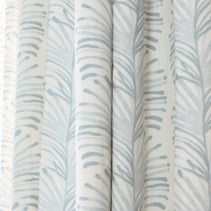 Emma Sky curtain fabric with airy blue botanical stripes, offering a relaxed elegance for custom interiors by Pepper Home.