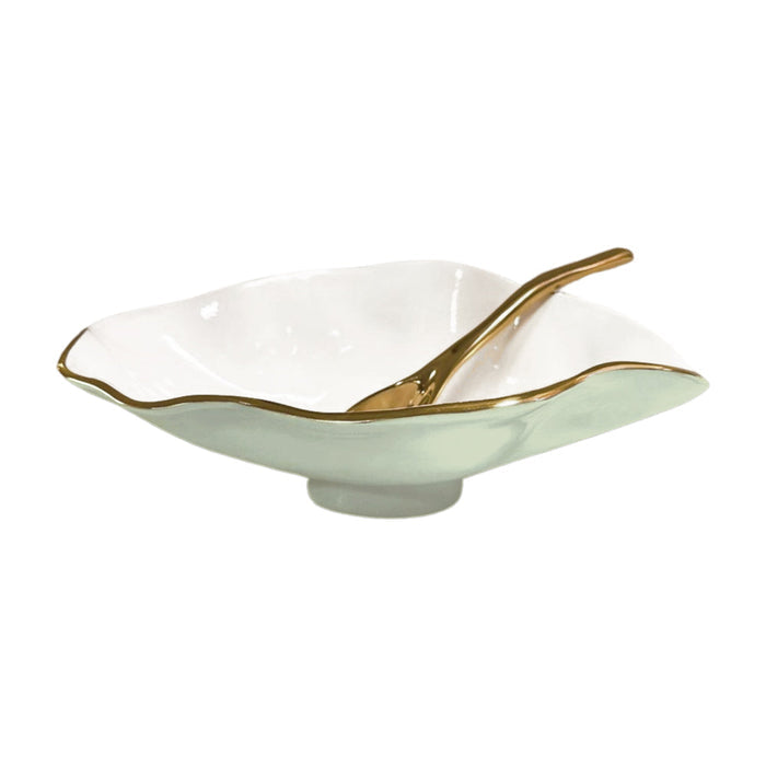 Beatriz Ball Encanto Claire Small Oval Bowl with Spoon — Pistachio-and-white oval bowl with the included gold-tone spoon