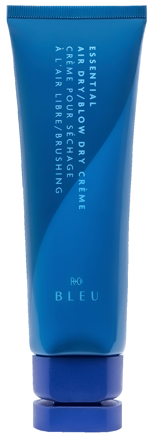 Blue tube of 'Essential Air Dry Blow Dry Crème' by BLEU on a white background