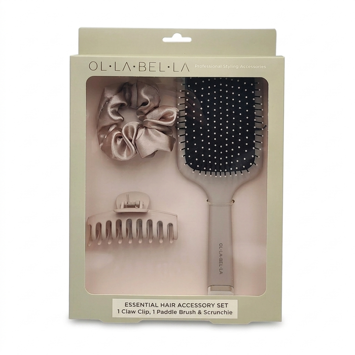 Olla Bella Everyday Glam Hair Accessory Kit in its original packaging, containing a paddle brush, satin scrunchie, and claw clip.