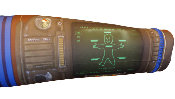A close-up of the limited edition Fallout Vault Dweller Rash Guard by Retro Grappler, featuring a smiling cartoon Vault Dweller with outstretched arms on a green interface, inspired by the Pip-Boy from the Fallout video game series.