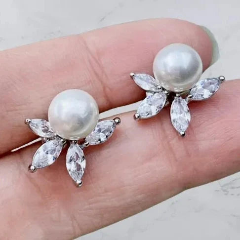 Wedding Jewelry - Pearl and Cubic Zirconia Bridal Earrings - Available in Silver, Rose Gold and Yellow Gold
