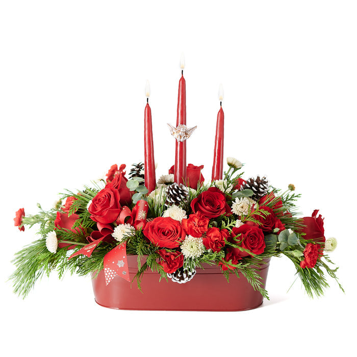 Festive Red and White Roses Floral Arrangement in Red Tin – the bouquet