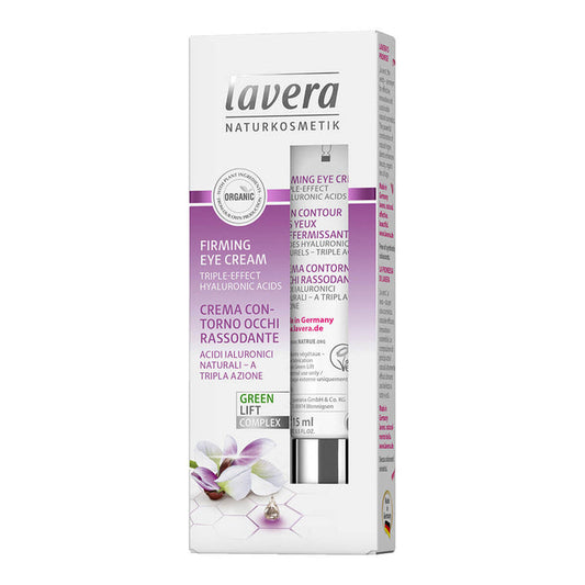 A box of certified natural, organic, vegan and cruelty free firming eye cream with hyaluronic acid and bakuchiol.
