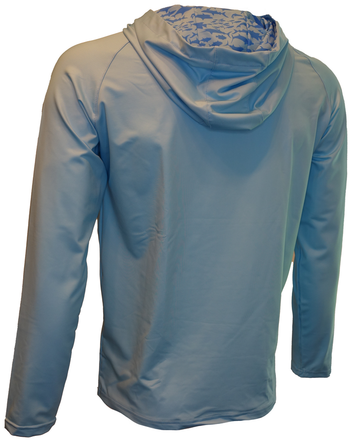 The Wave Hugger Fish Finder Hooded Performance Shirt is shown in light blue from the back, highlighting its patterned hood lining, smooth texture, lightweight fabric, and UPF 50+ sun protection for outdoor comfort.