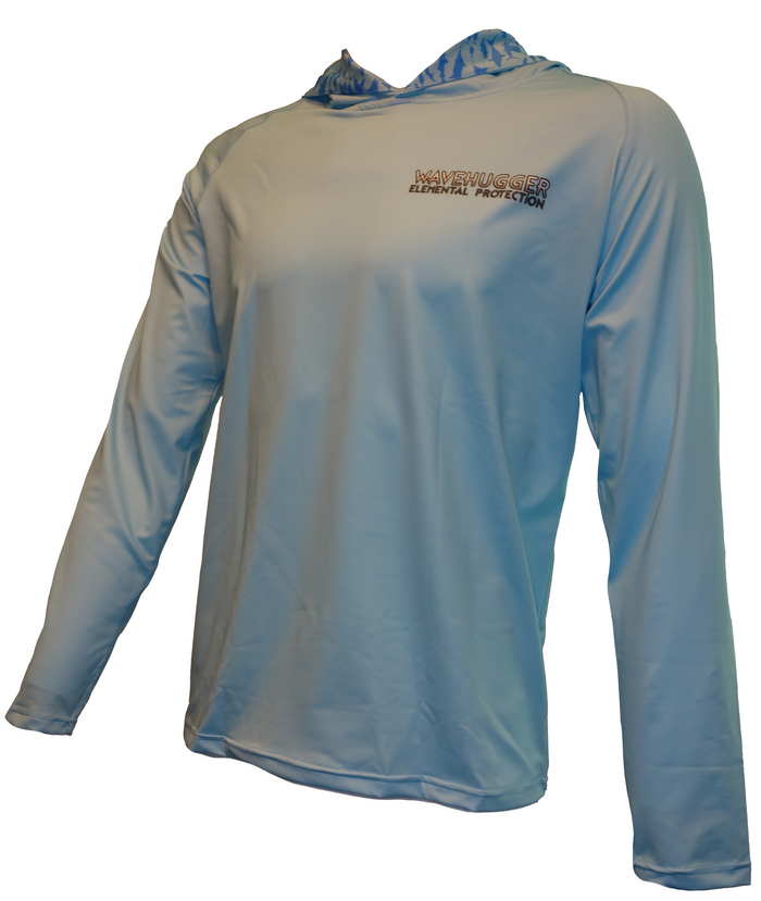 The Fish Finder Hooded Performance Shirt by Wave Hugger is a light blue long-sleeve displayed on a mannequin, featuring WAVHUGGER ELEMENTAL PROTECTION on the chest and UPF 50+ sun protection for top performance.