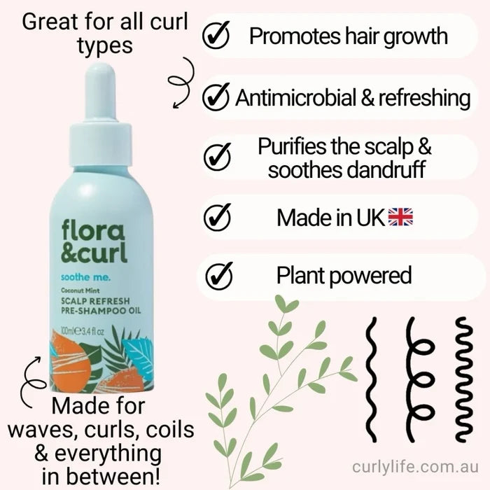 Flora & Curl Coconut Mint Scalp Pre-Shampoo Oil, pre poo oil applied before washing to protect curls