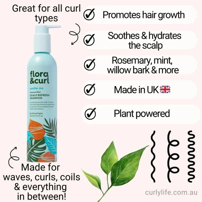 Flora & Curl Coconut Mint Scalp Refresh Shampoo, sulphate free shampoo that cleanses without stripping curls