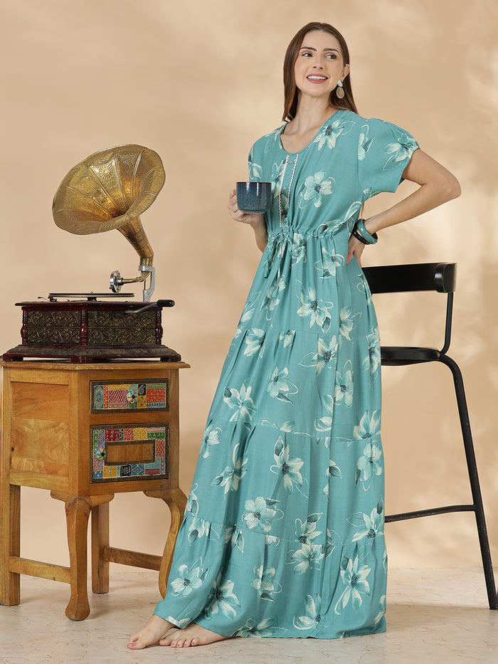 Floral alpine teal blue frock type nighty for women