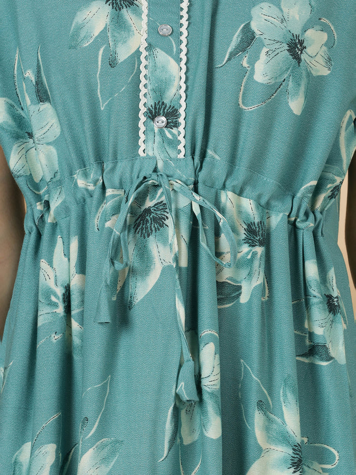 Floral alpine teal blue frock type nighty for women