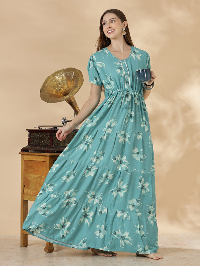 Floral alpine teal blue frock type nighty for women